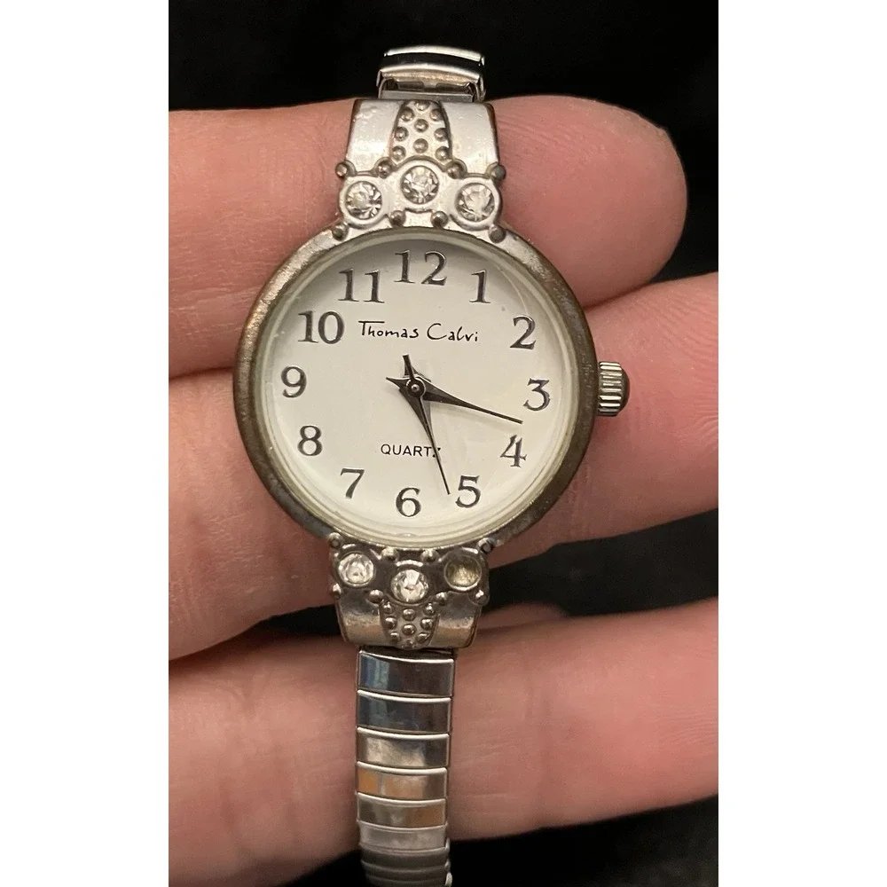 Thomas Calvi Quartz Crystal Rhinestone Bezel VTG Women’s Watch Silver Tone Works